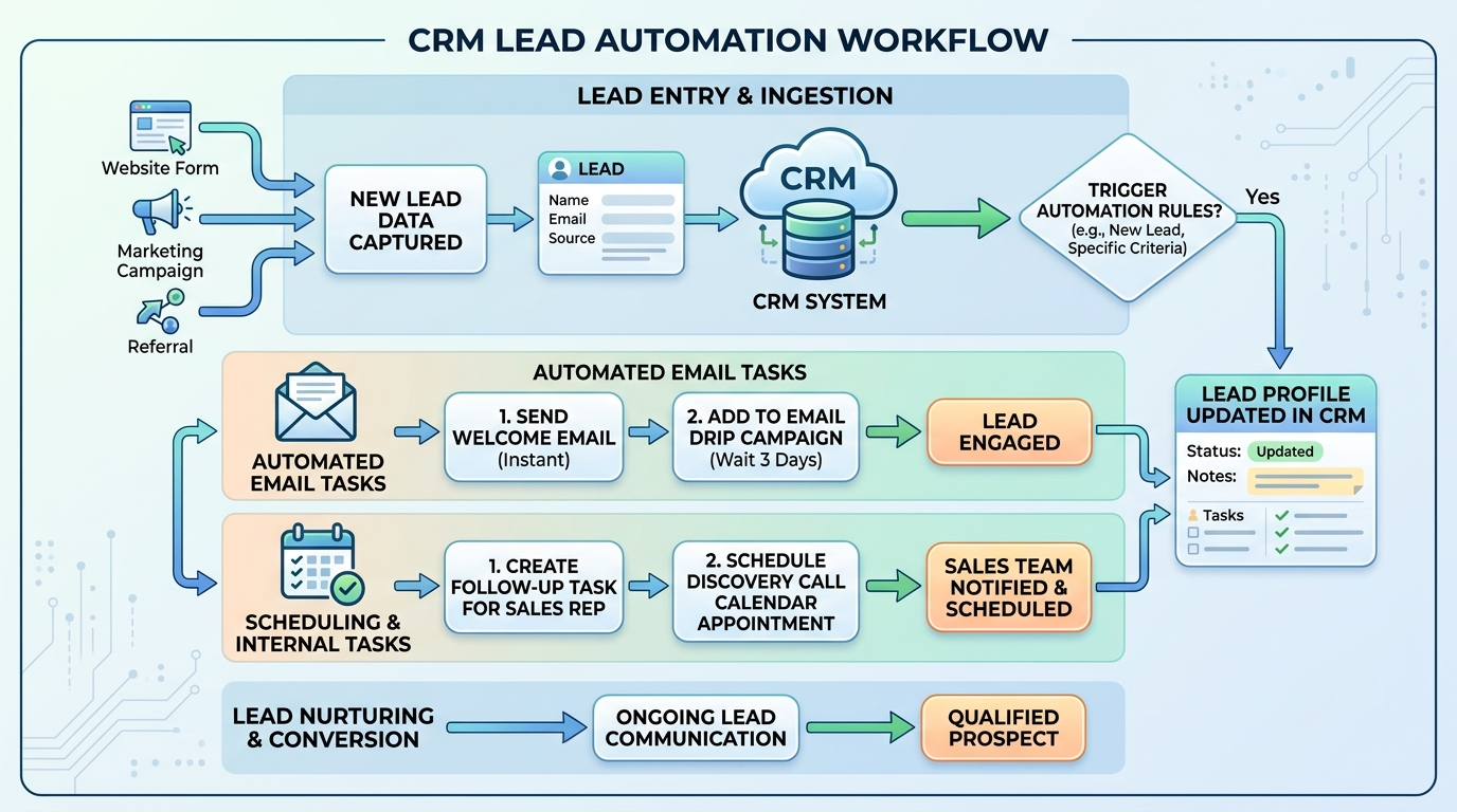 A workflow diagram showing a lead entering a CRM and triggering automated email and scheduling tasks.