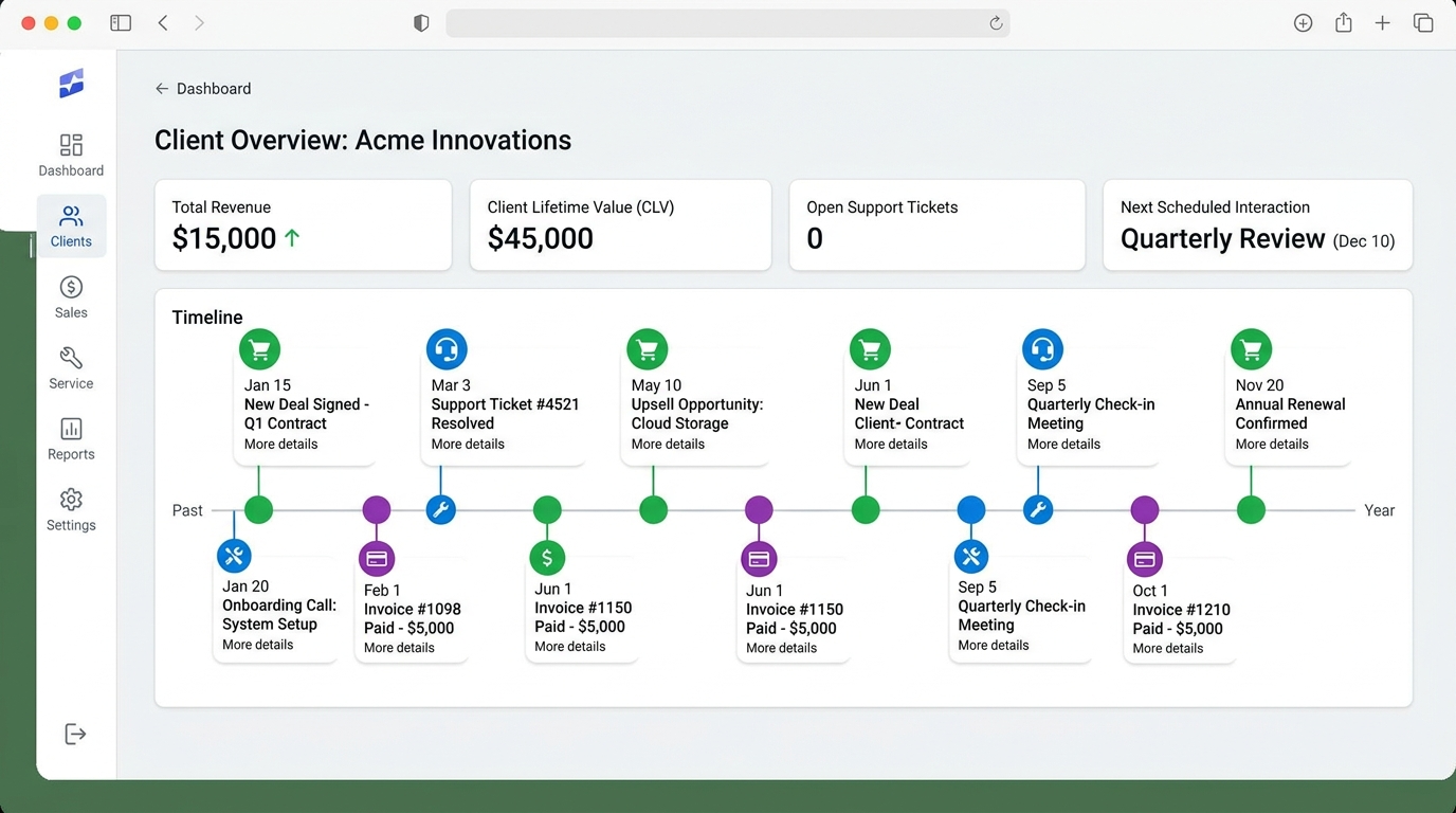 A dashboard view showing a client timeline including sales, service, and payment history.