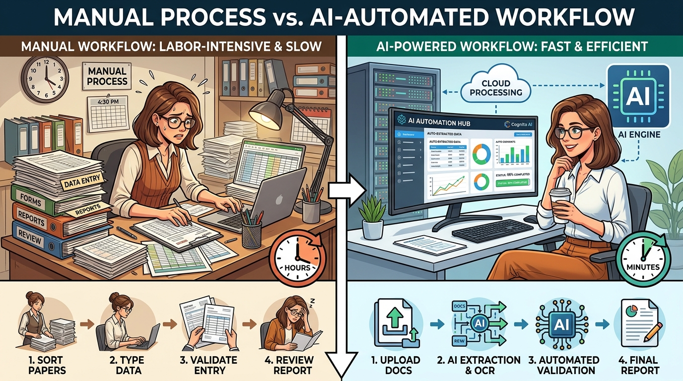 A clean, modern office desk with a laptop displaying an automated project management dashboard, representing increased productivity.