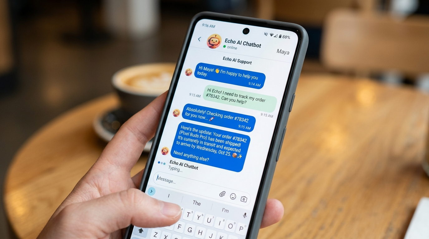An illustration showing a customer chatting with an AI bot on a mobile device, with a happy checkmark symbol nearby.