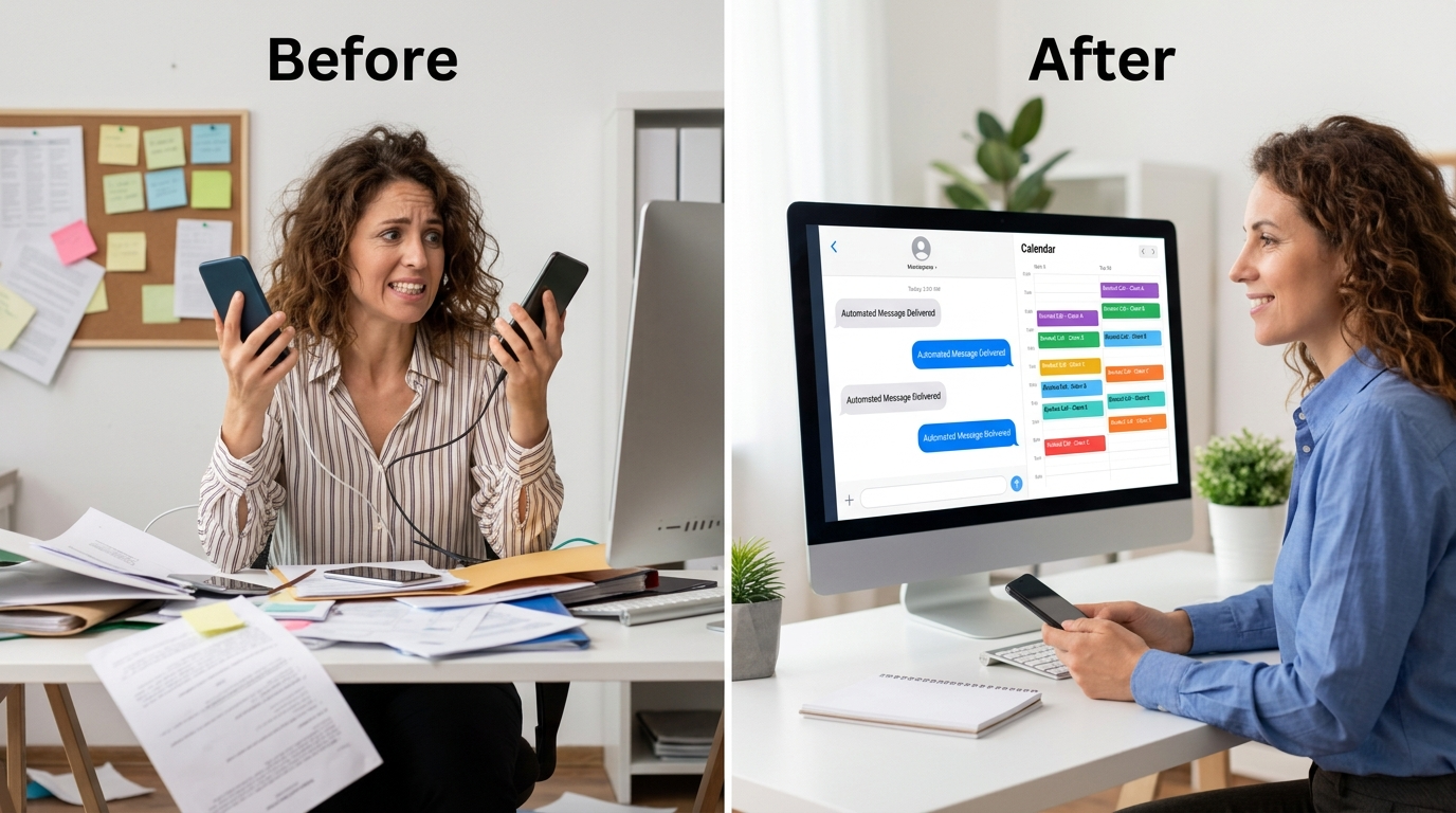 A visual representation of leads moving through a multi-channel automated follow-up funnel, with different icons for email, SMS, and phone calls.