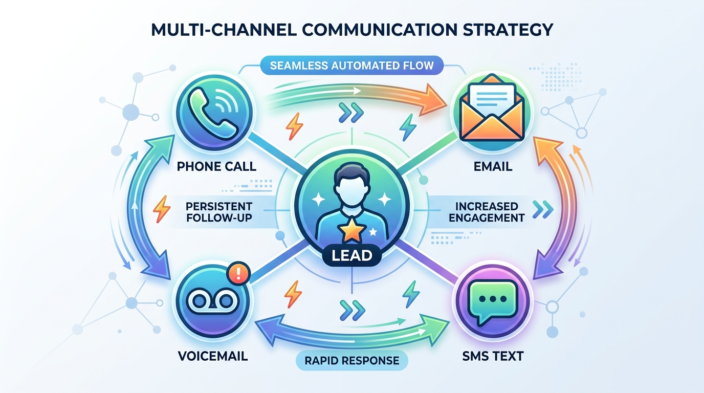 A graphic illustrating the journey of a lead from initial inquiry to a booked call, with automated touchpoints at each stage (email, SMS, AI call).