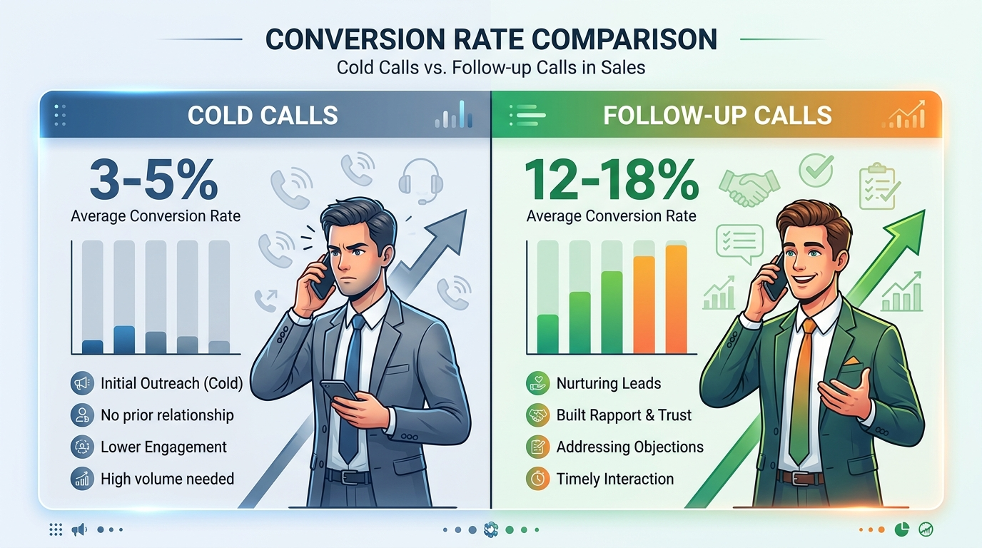 A split-screen chart comparing the 3-5% conversion rate of cold calls versus the 12-18% conversion rate of follow-up calls.