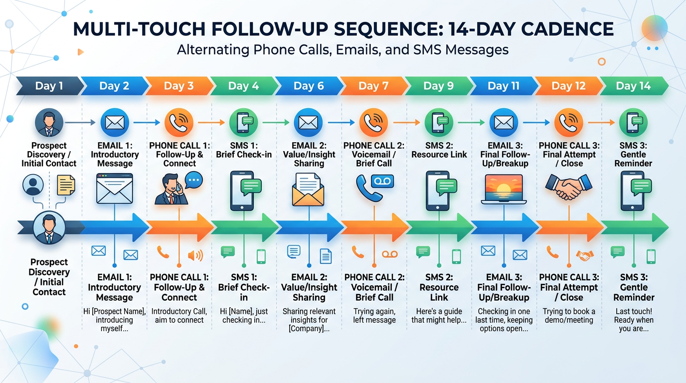 A visual timeline showing a multi-touch follow-up sequence alternating between phone calls, emails, and SMS messages over a two-week period.