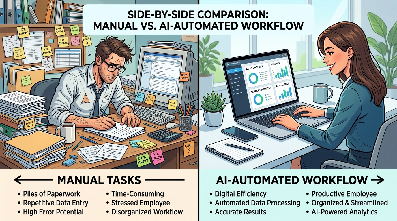 A split screen showing a customer chatting with an AI bot on a mobile phone and the business owner seeing the confirmed booking on their laptop.