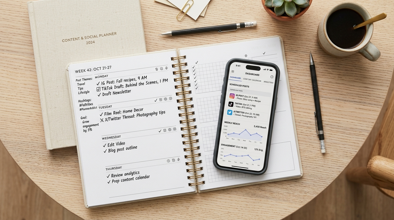 A clean, organized calendar showing a monthly content plan instead of a chaotic daily to-do list.