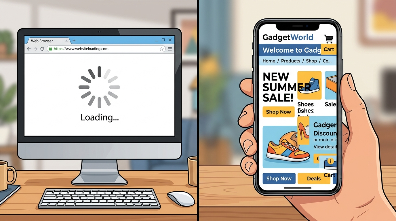 A split screen showing a website rendering perfectly on a desktop, tablet, and smartphone, emphasizing responsive design.
