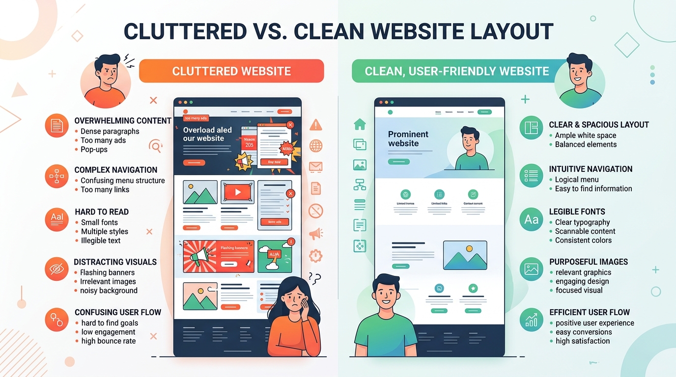 A side-by-side comparison of a cluttered, outdated website versus a clean, conversion-focused layout.